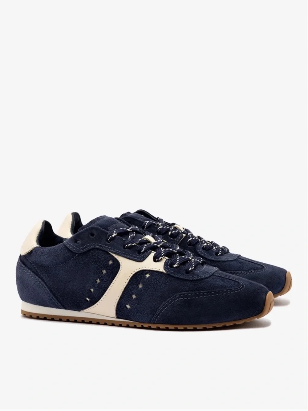 Larroude Stella Sneaker In Navy Suede and Ivory Leather